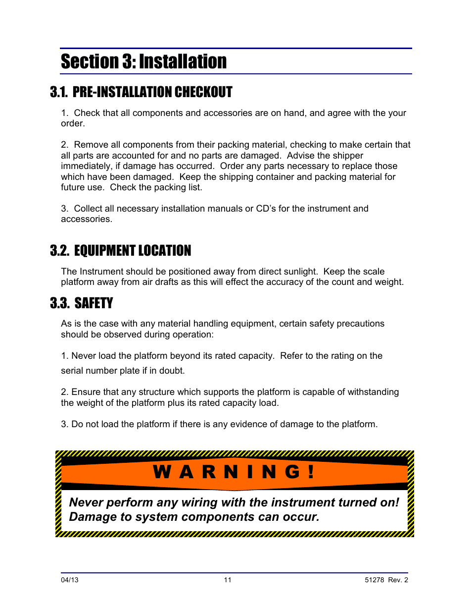 Pre-installation checkout, Equipment location, Safety | Fairbanks OMEGA SERIES COUNTING SCALE User Manual | Page 11 / 62