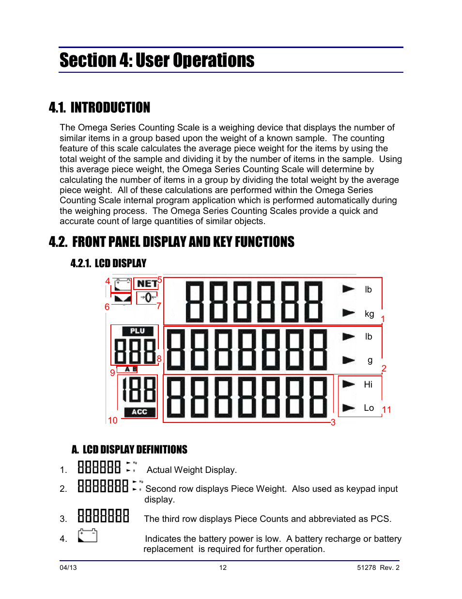 Introduction, Front panel display and key functions | Fairbanks OMEGA SERIES COUNTING SCALE User Manual | Page 12 / 62