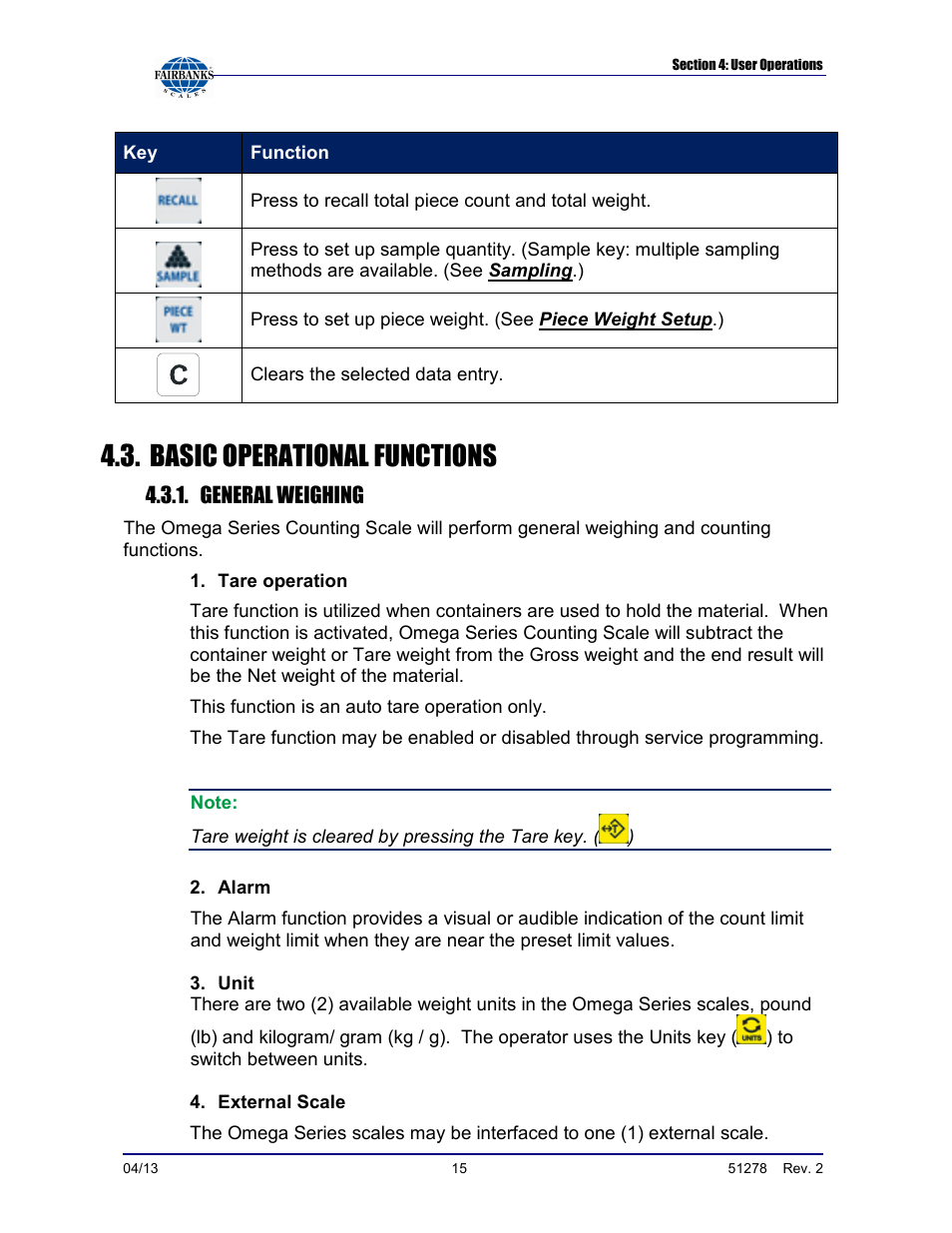 Basic operational functions | Fairbanks OMEGA SERIES COUNTING SCALE User Manual | Page 15 / 62