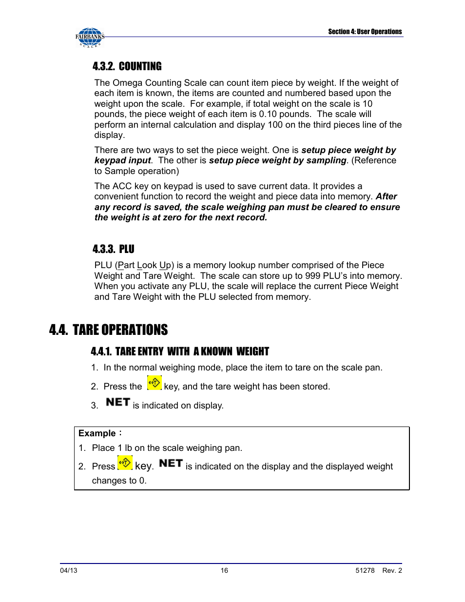 Tare operations | Fairbanks OMEGA SERIES COUNTING SCALE User Manual | Page 16 / 62