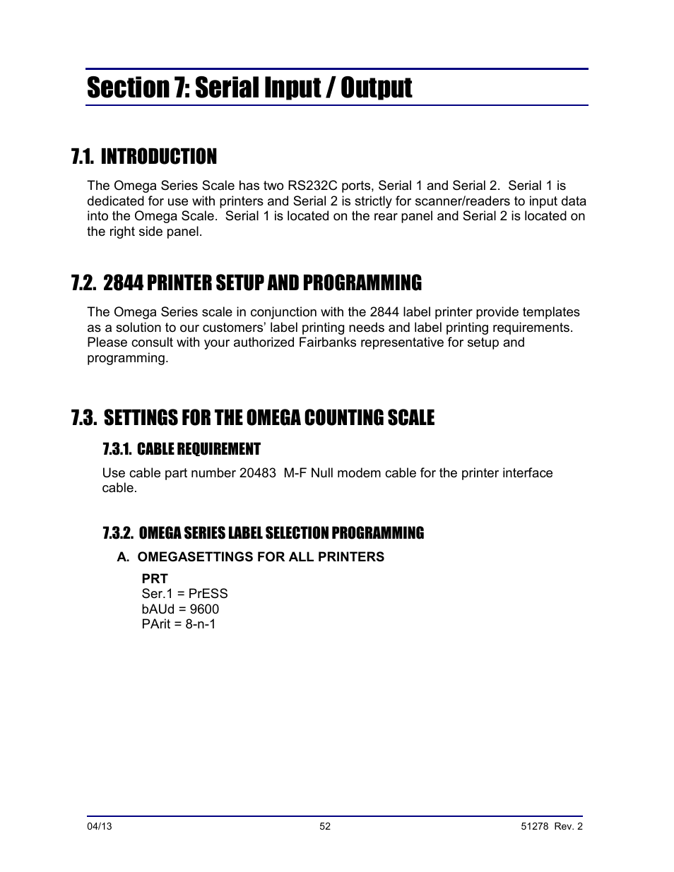 Introduction, 2844 printer setup and programming, Settings for the omega counting scale | Fairbanks OMEGA SERIES COUNTING SCALE User Manual | Page 52 / 62
