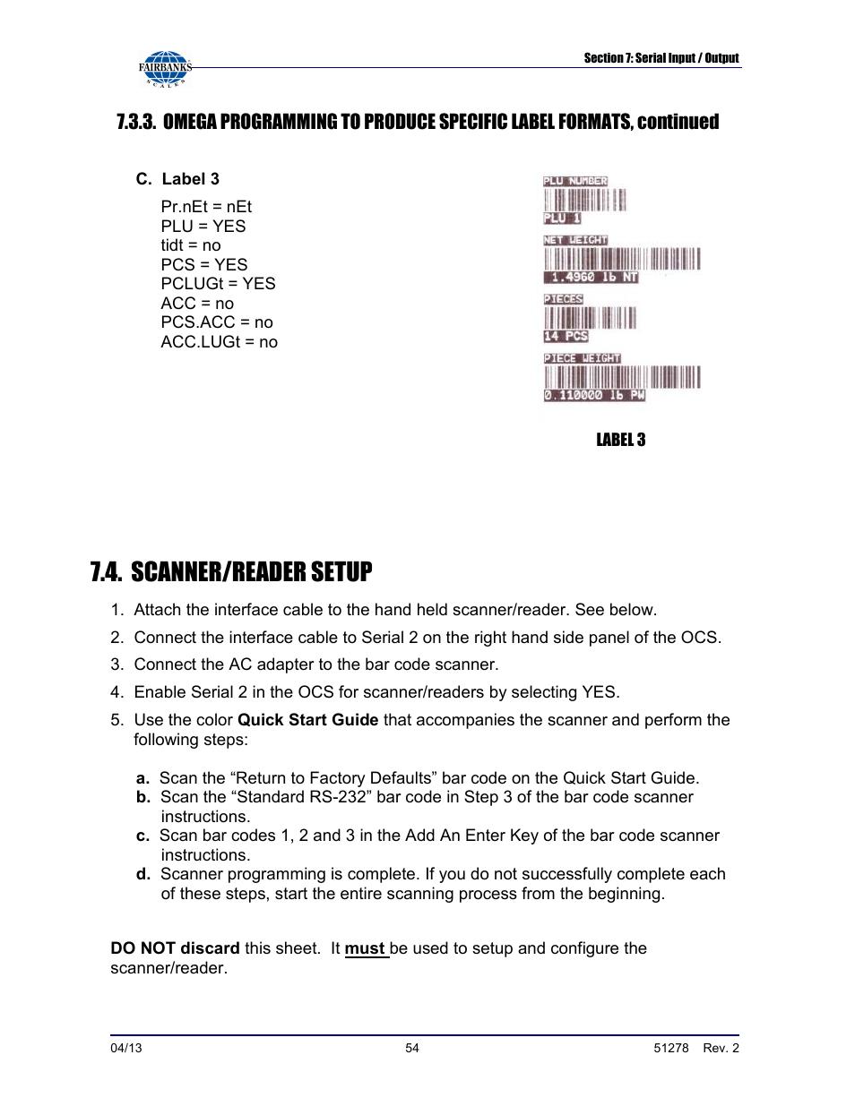 Scanner/reader setup | Fairbanks OMEGA SERIES COUNTING SCALE User Manual | Page 54 / 62