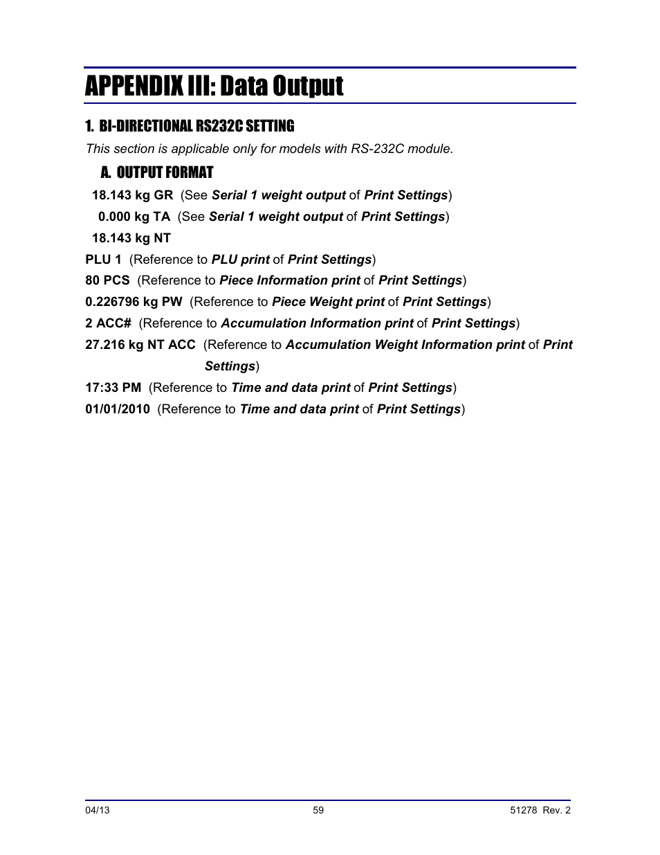 Appendix iii: data output | Fairbanks OMEGA SERIES COUNTING SCALE User Manual | Page 59 / 62