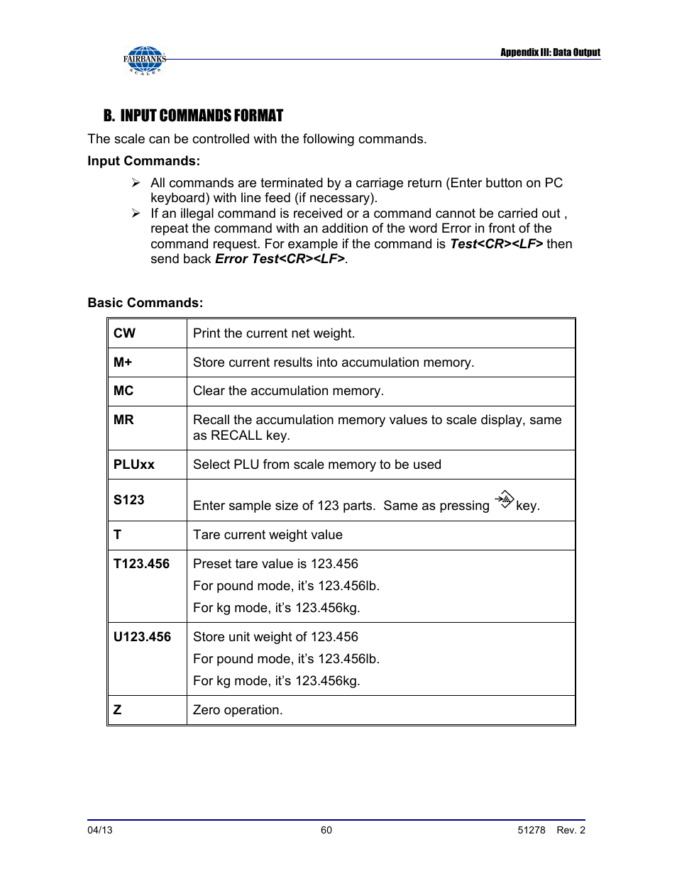 B. input commands format | Fairbanks OMEGA SERIES COUNTING SCALE User Manual | Page 60 / 62