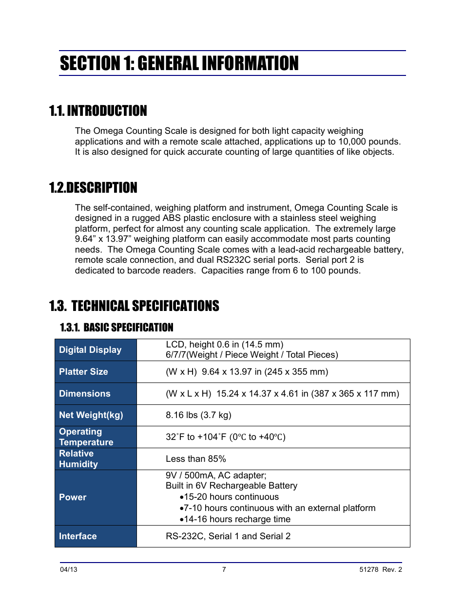 Introduction, Description, Technical specifications | Fairbanks OMEGA SERIES COUNTING SCALE User Manual | Page 7 / 62
