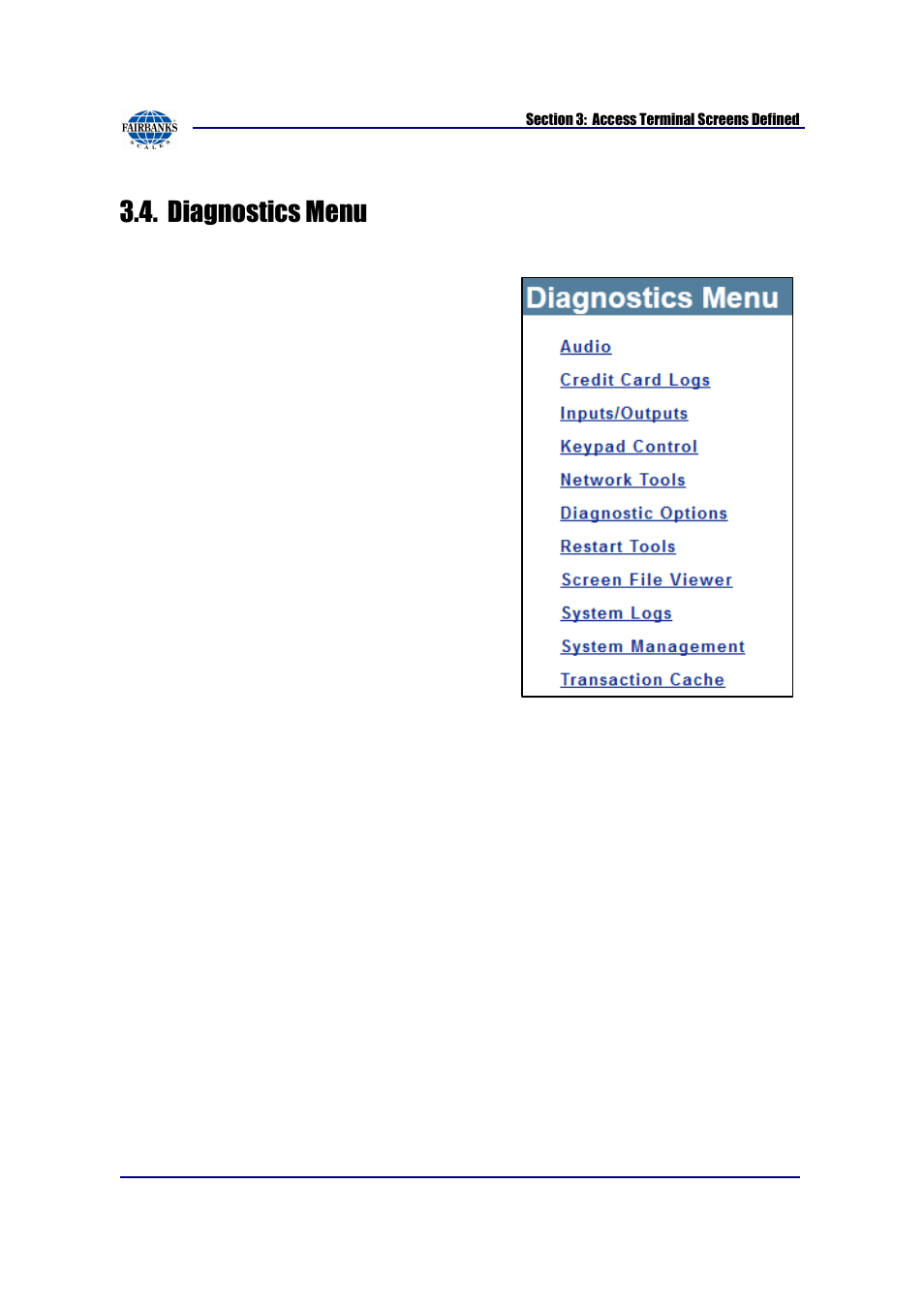 Diagnostics menu | Fairbanks AN Series Fairbanks Access Solutions User Manual | Page 104 / 120
