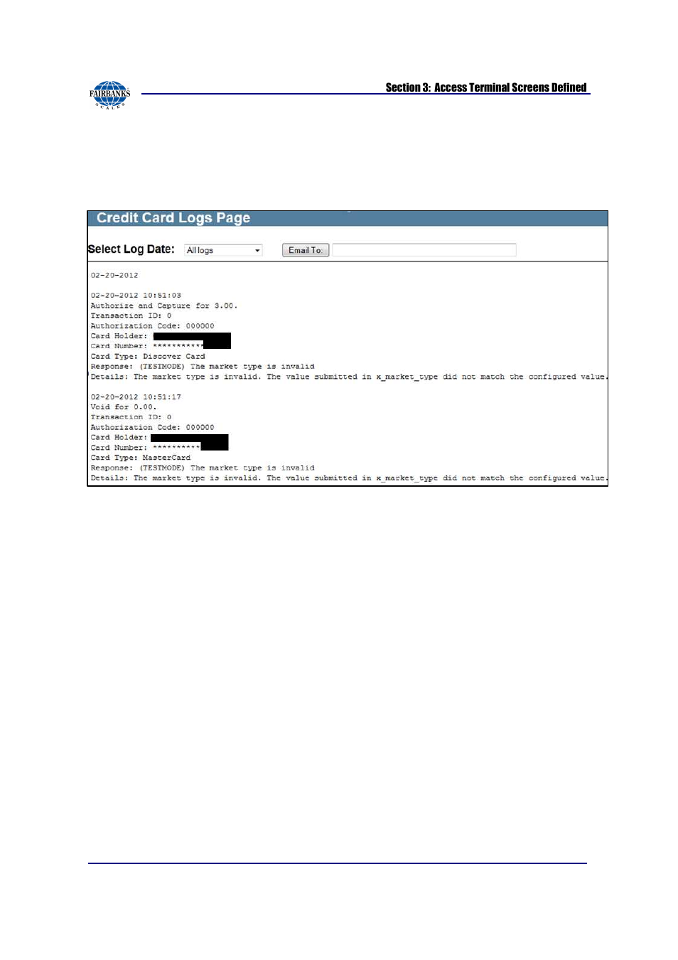 Credit card logs | Fairbanks AN Series Fairbanks Access Solutions User Manual | Page 106 / 120