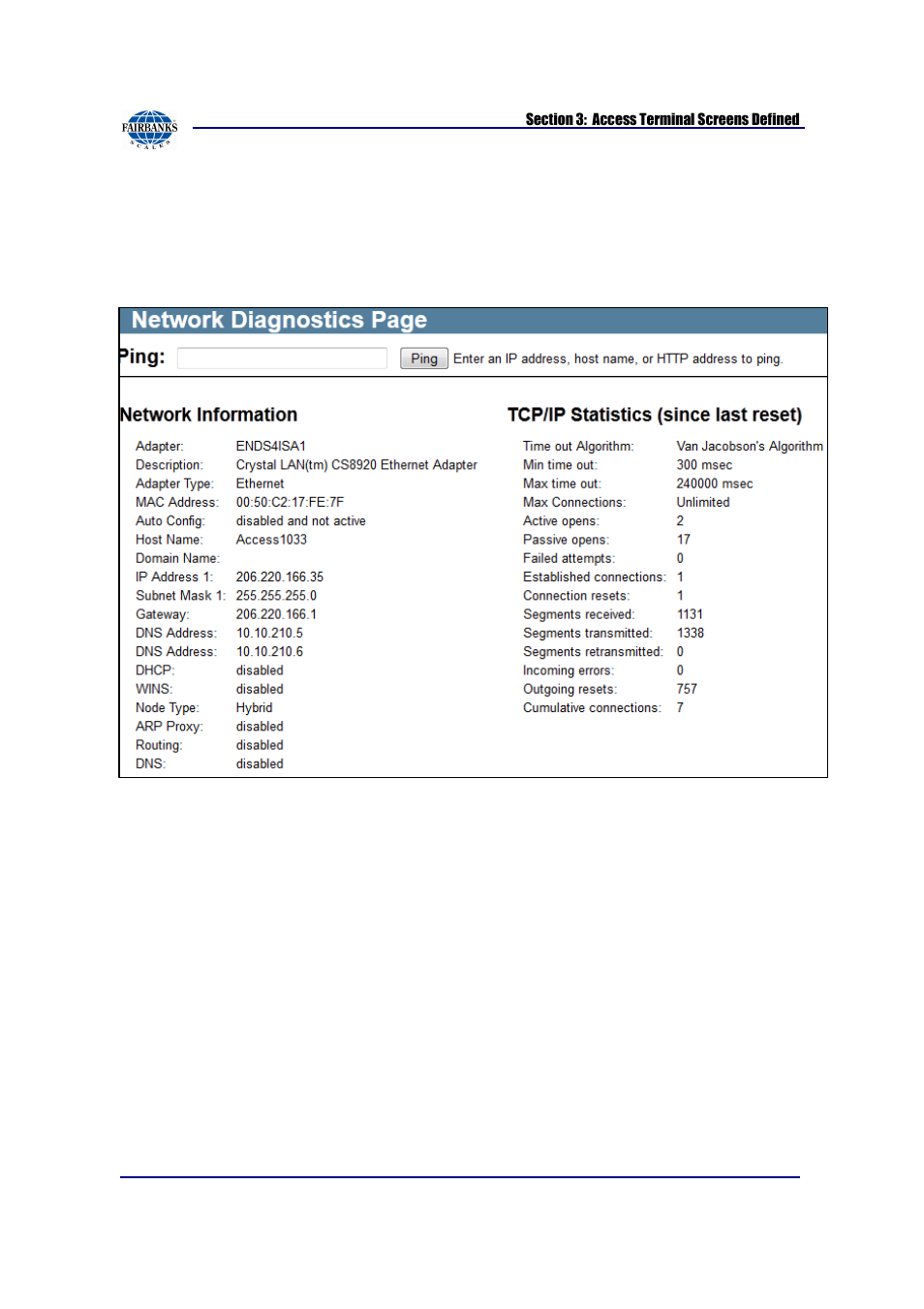 Network diagnostics | Fairbanks AN Series Fairbanks Access Solutions User Manual | Page 110 / 120