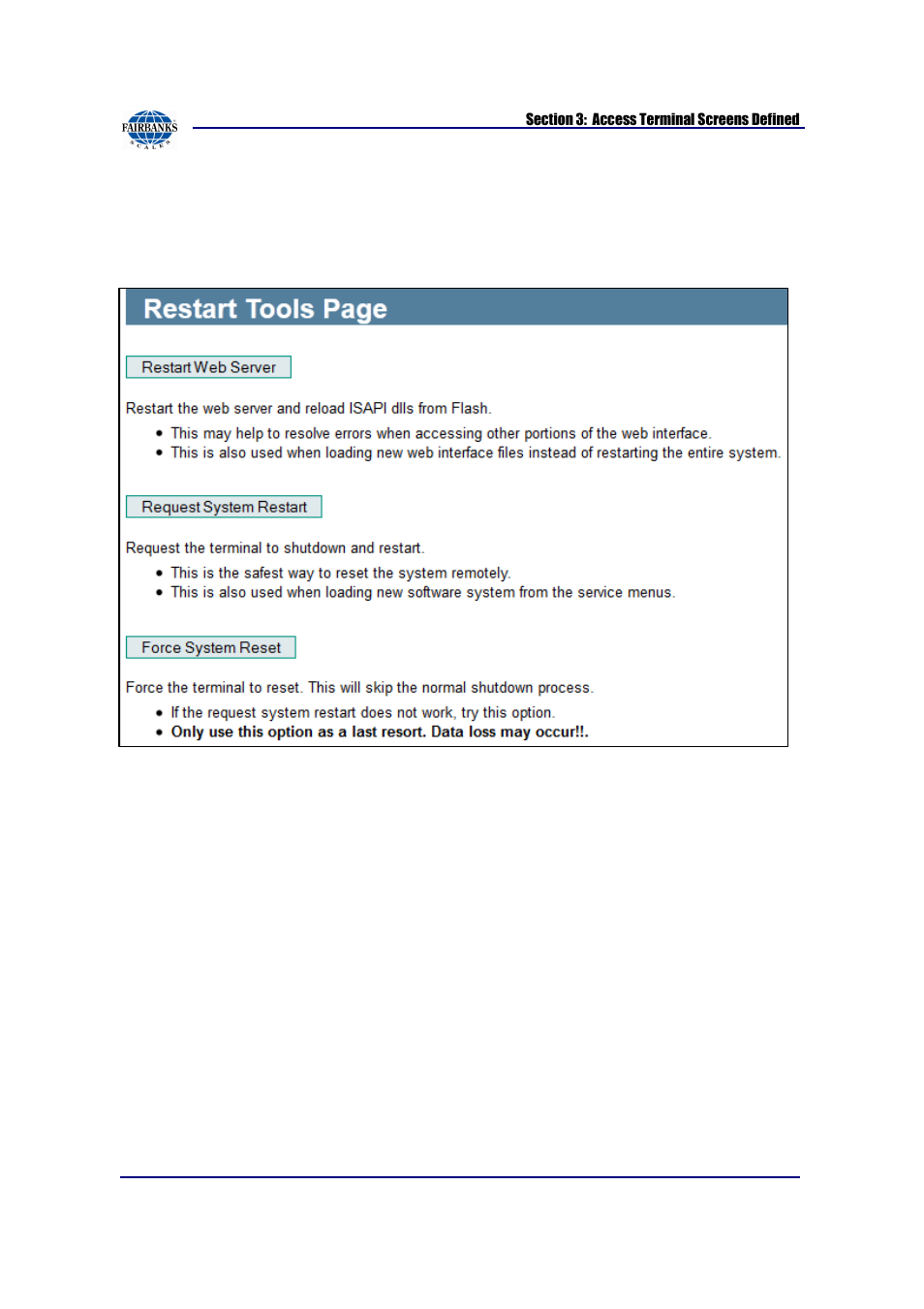 Restart page | Fairbanks AN Series Fairbanks Access Solutions User Manual | Page 112 / 120