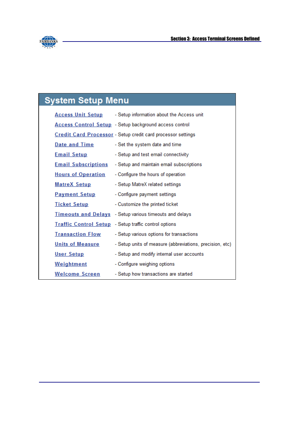 System setup menu | Fairbanks AN Series Fairbanks Access Solutions User Manual | Page 28 / 120