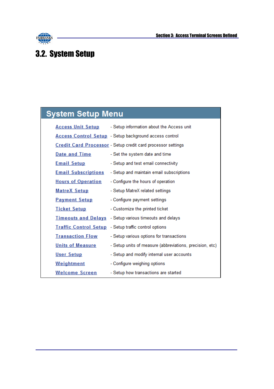 System setup | Fairbanks AN Series Fairbanks Access Solutions User Manual | Page 31 / 120