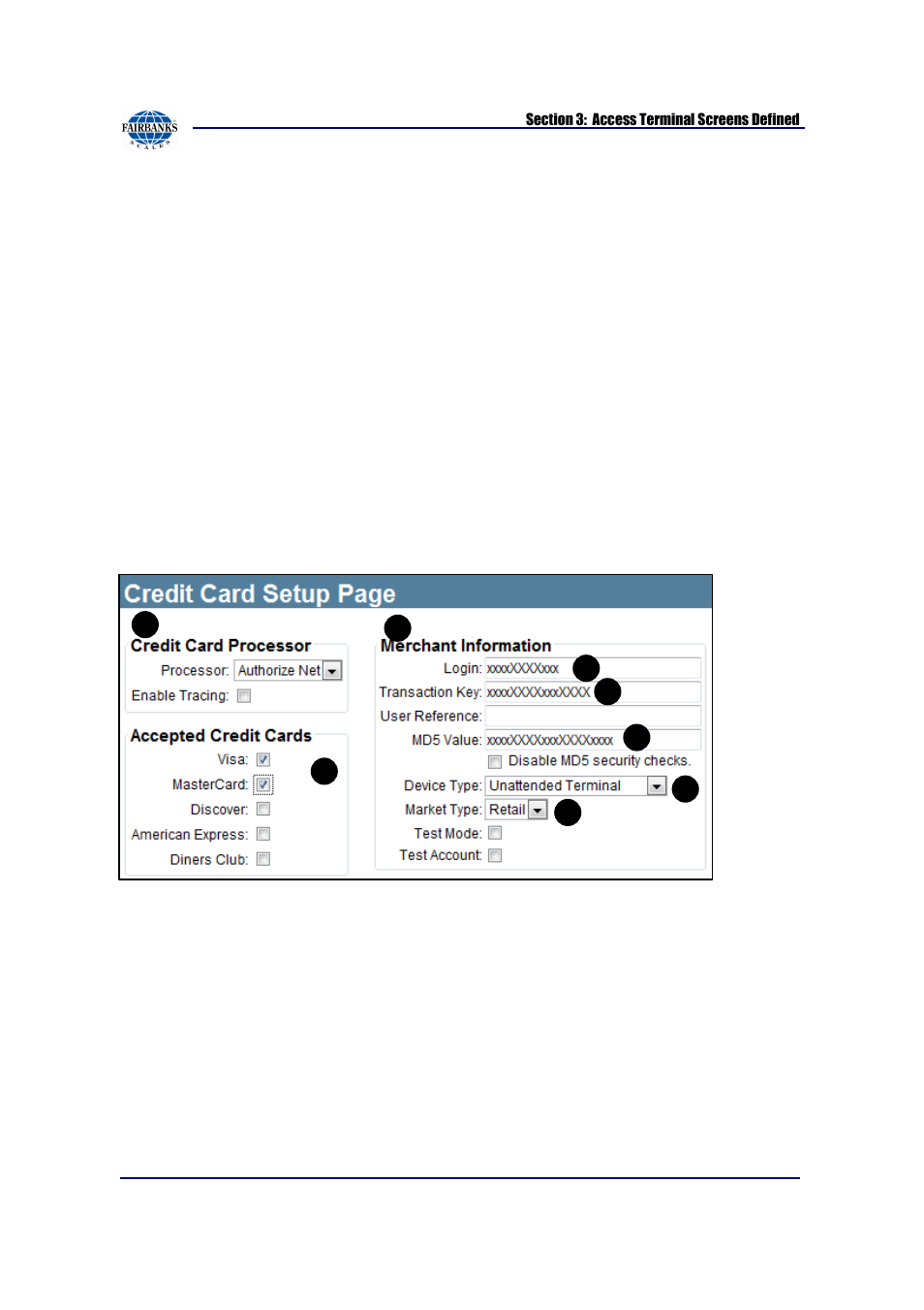 Credit card processor settings | Fairbanks AN Series Fairbanks Access Solutions User Manual | Page 33 / 120
