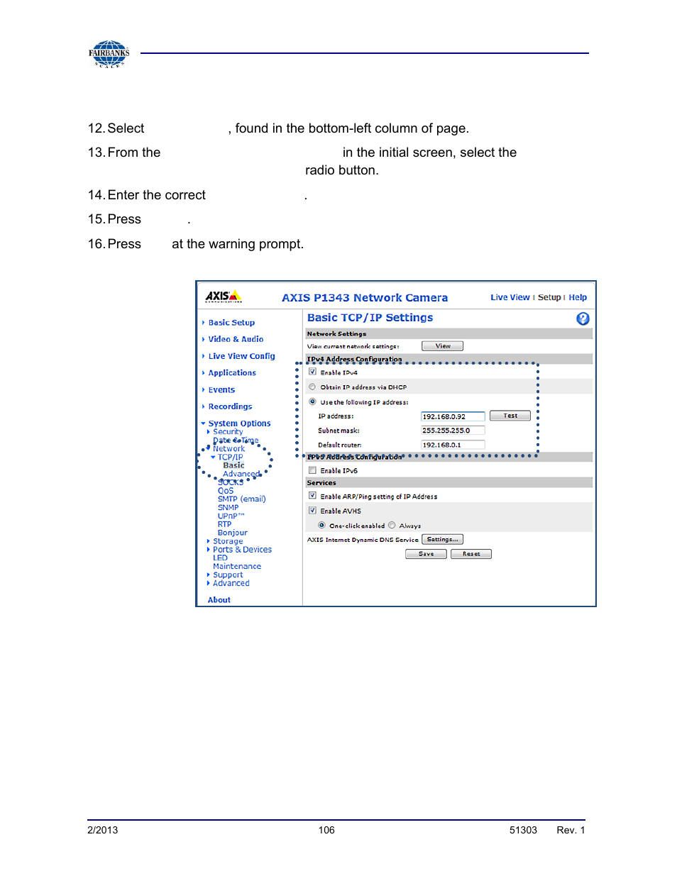 Axis network setup | Fairbanks FB2550 DAT SERIES DRIVER ACCESS TERMINAL User Manual | Page 106 / 159