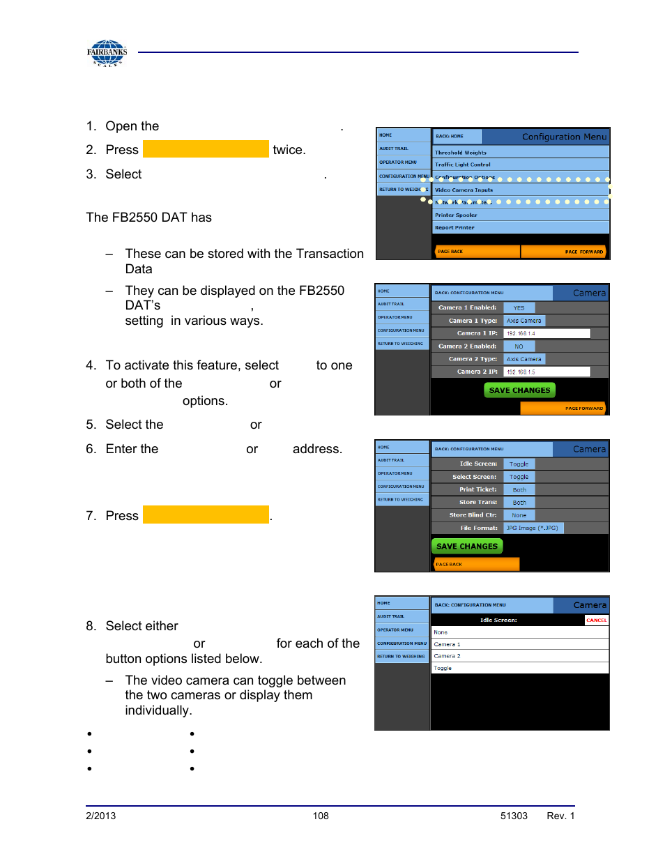 Video camera programming | Fairbanks FB2550 DAT SERIES DRIVER ACCESS TERMINAL User Manual | Page 108 / 159