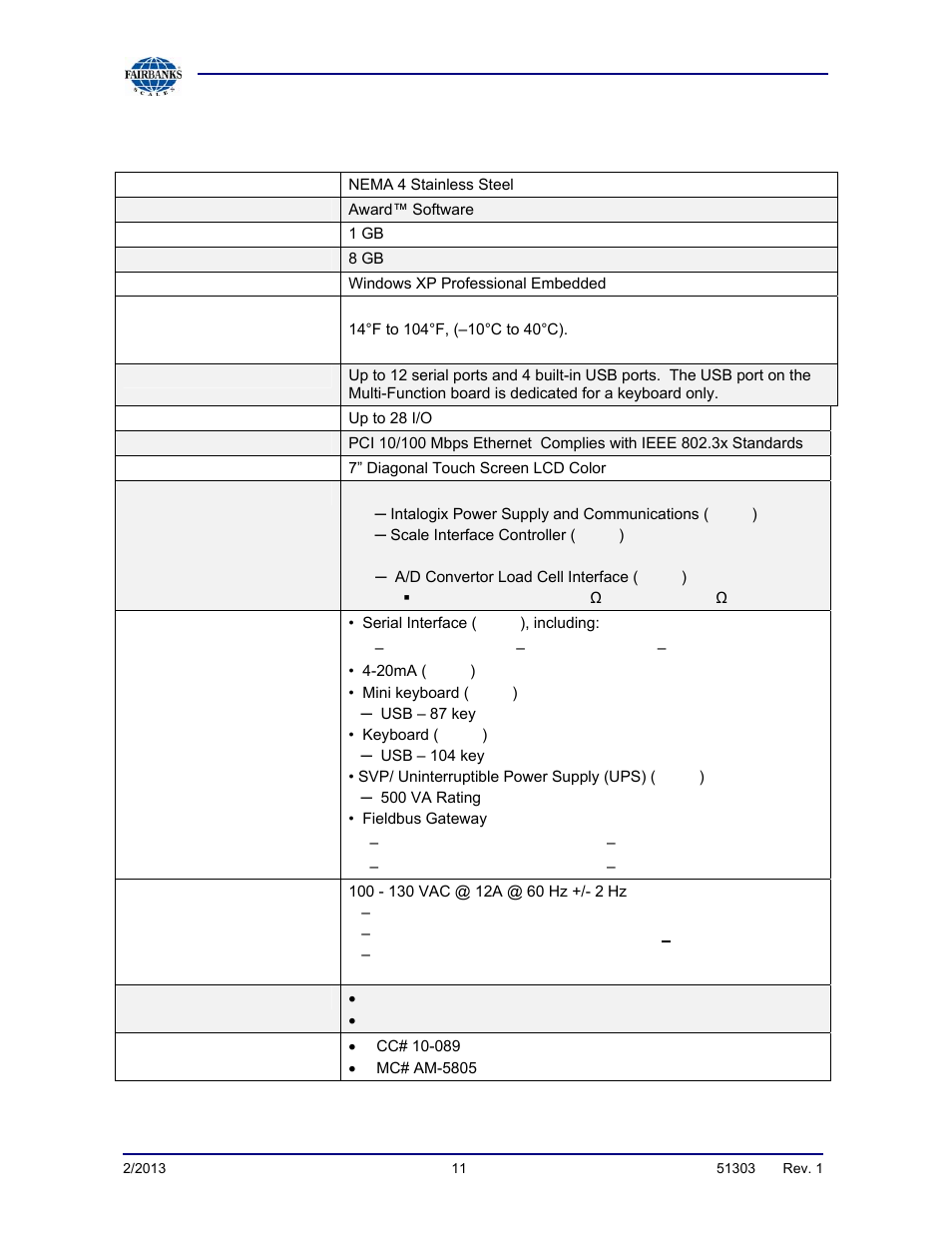 Specifications | Fairbanks FB2550 DAT SERIES DRIVER ACCESS TERMINAL User Manual | Page 11 / 159