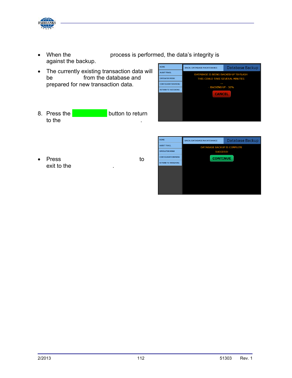 Database backup, continued | Fairbanks FB2550 DAT SERIES DRIVER ACCESS TERMINAL User Manual | Page 112 / 159