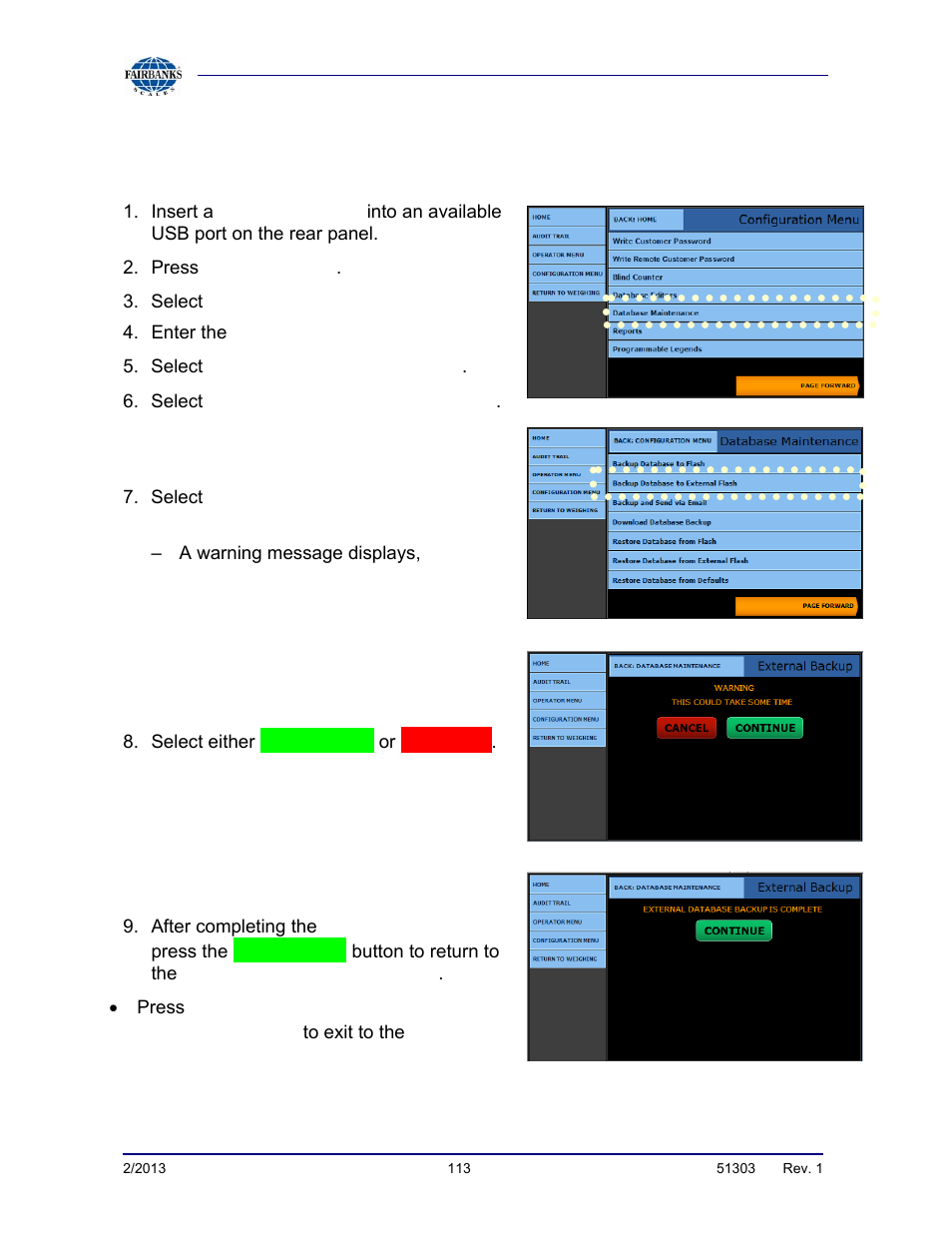 Database backup, continued | Fairbanks FB2550 DAT SERIES DRIVER ACCESS TERMINAL User Manual | Page 113 / 159