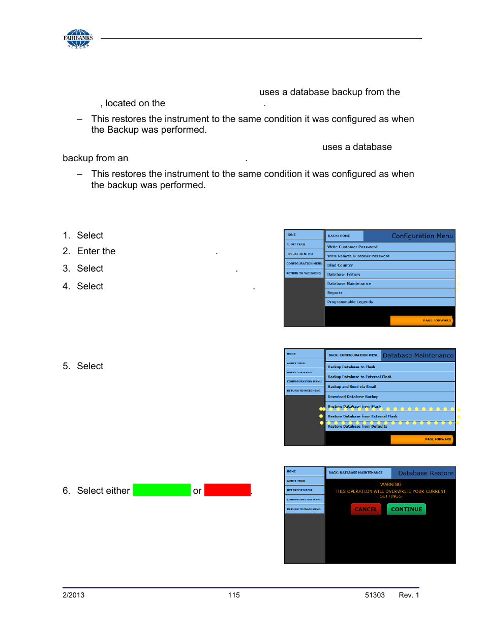 Database restore | Fairbanks FB2550 DAT SERIES DRIVER ACCESS TERMINAL User Manual | Page 115 / 159