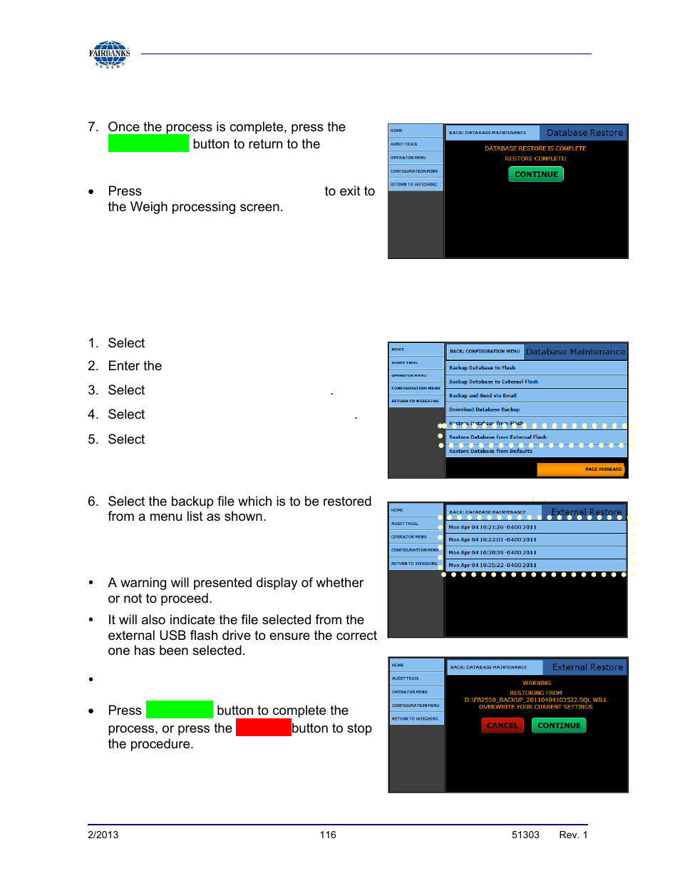 Database restore, continued | Fairbanks FB2550 DAT SERIES DRIVER ACCESS TERMINAL User Manual | Page 116 / 159