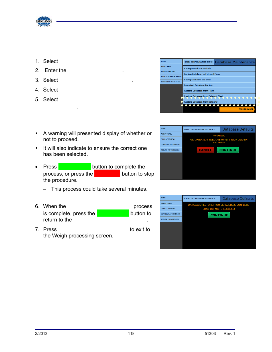 Database restore, continued | Fairbanks FB2550 DAT SERIES DRIVER ACCESS TERMINAL User Manual | Page 118 / 159