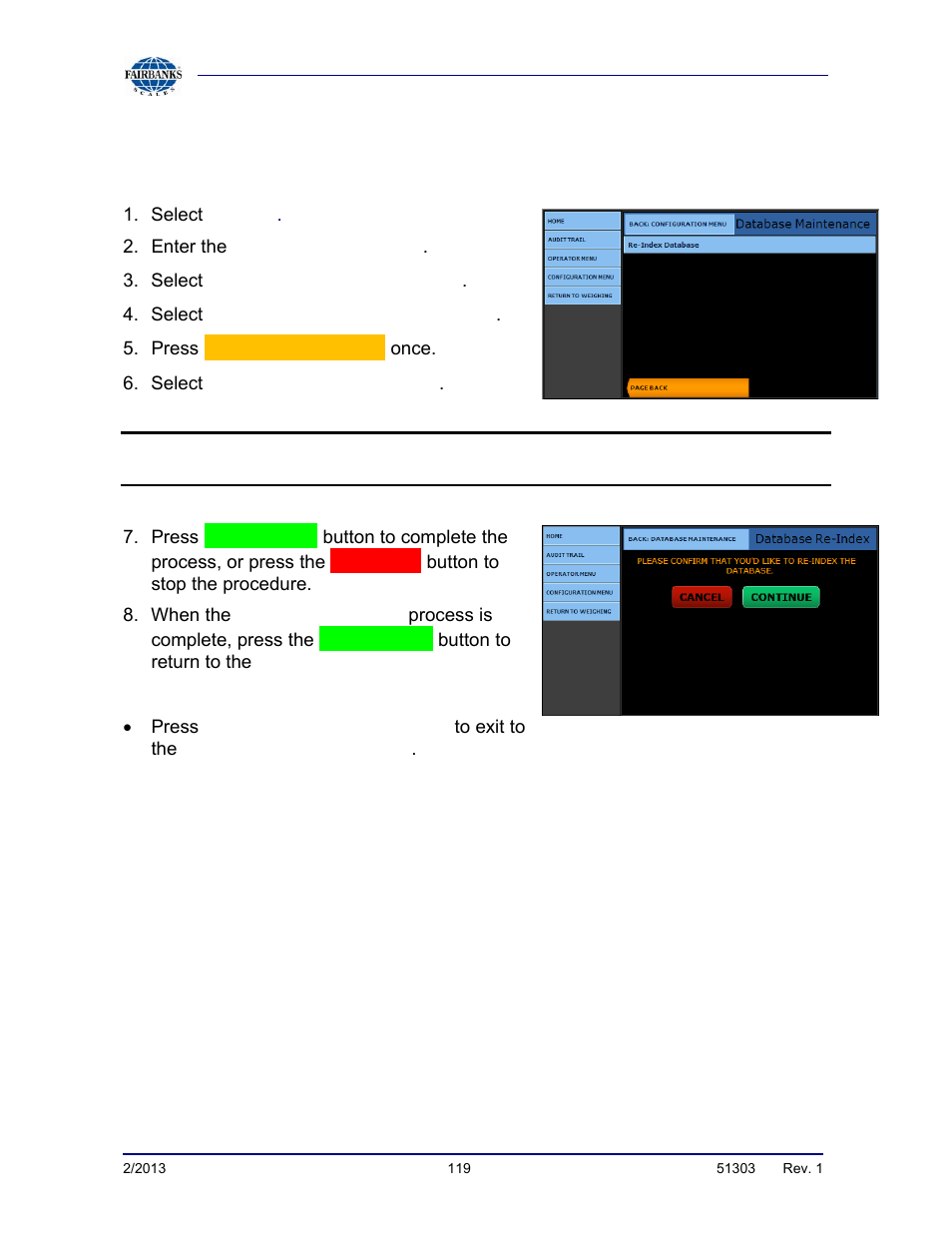 Re-index database | Fairbanks FB2550 DAT SERIES DRIVER ACCESS TERMINAL User Manual | Page 119 / 159