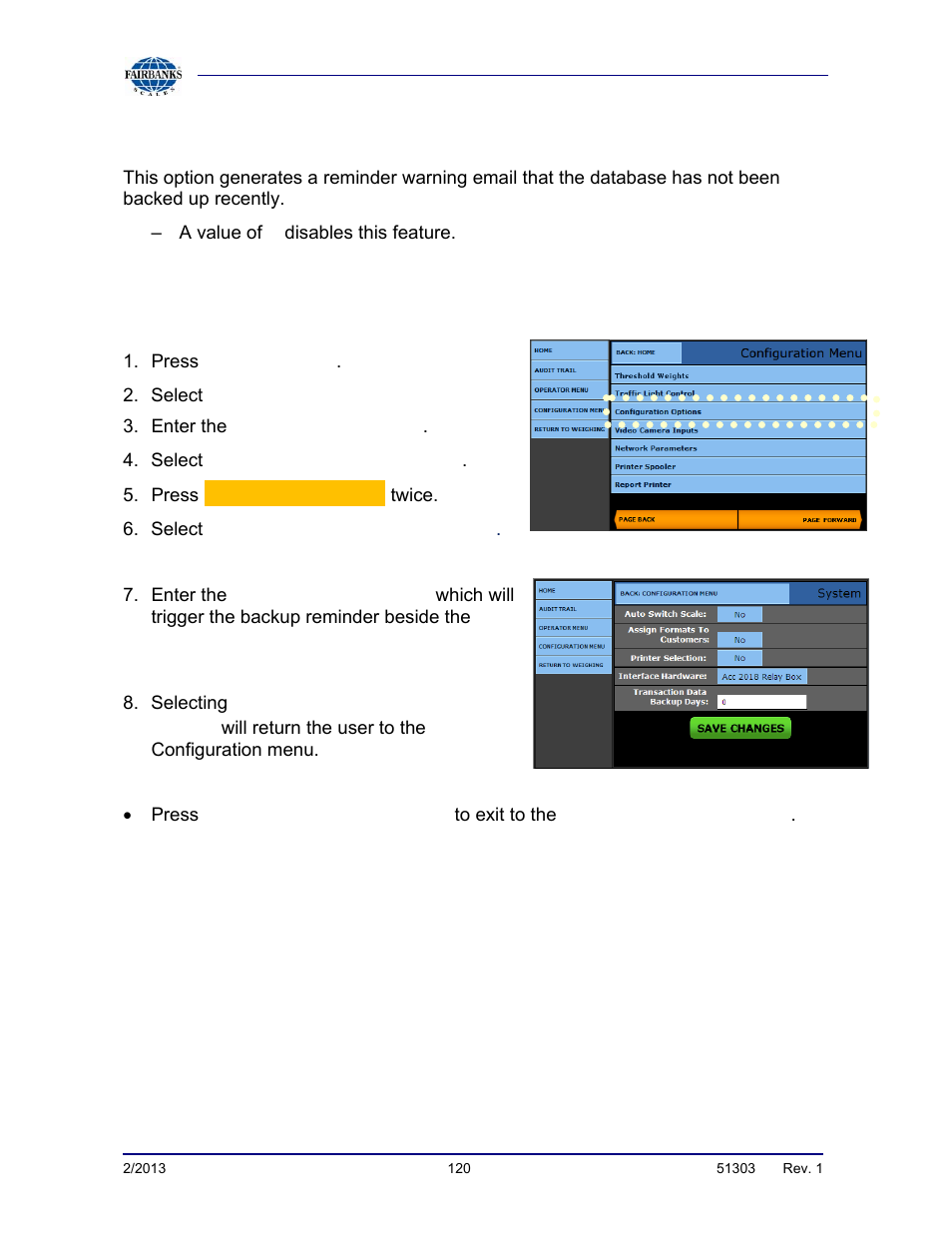 Transaction data backup days reminder | Fairbanks FB2550 DAT SERIES DRIVER ACCESS TERMINAL User Manual | Page 120 / 159