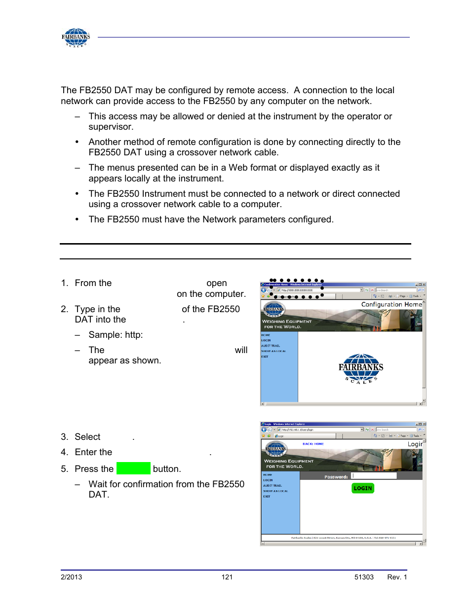 Remote configuration access | Fairbanks FB2550 DAT SERIES DRIVER ACCESS TERMINAL User Manual | Page 121 / 159