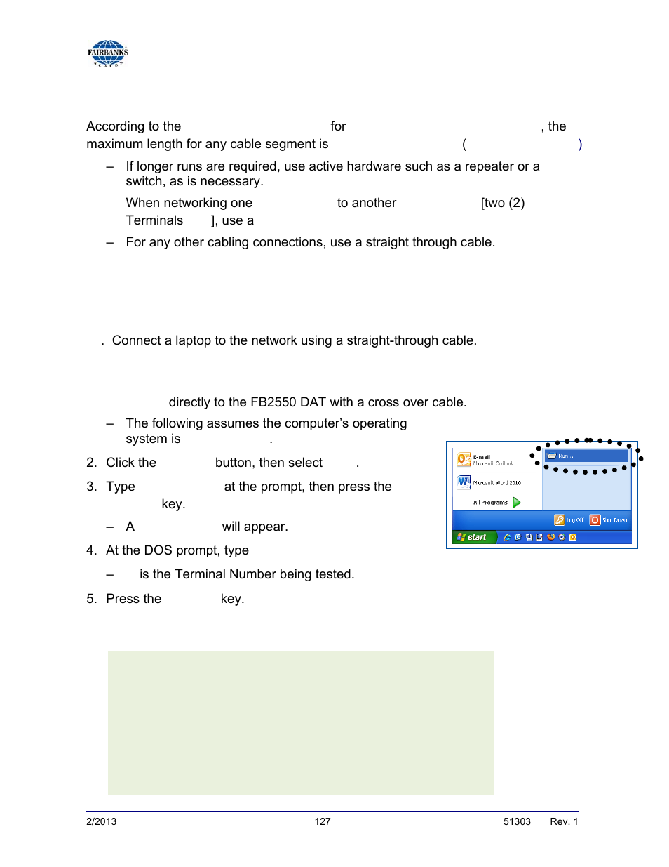 Network connections, Testing connectivity | Fairbanks FB2550 DAT SERIES DRIVER ACCESS TERMINAL User Manual | Page 127 / 159