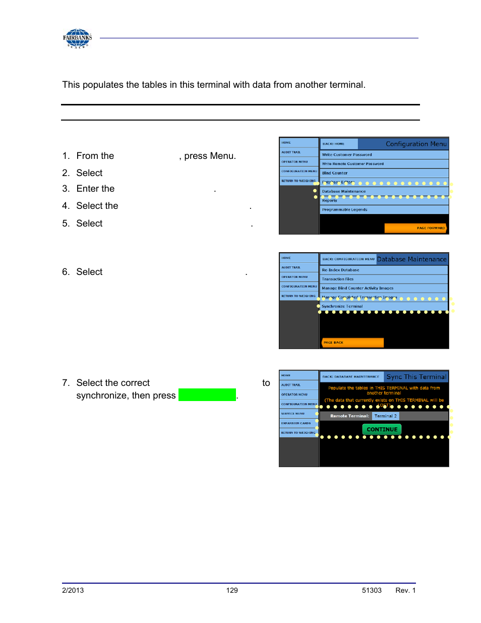 Synchronizing this terminal | Fairbanks FB2550 DAT SERIES DRIVER ACCESS TERMINAL User Manual | Page 129 / 159
