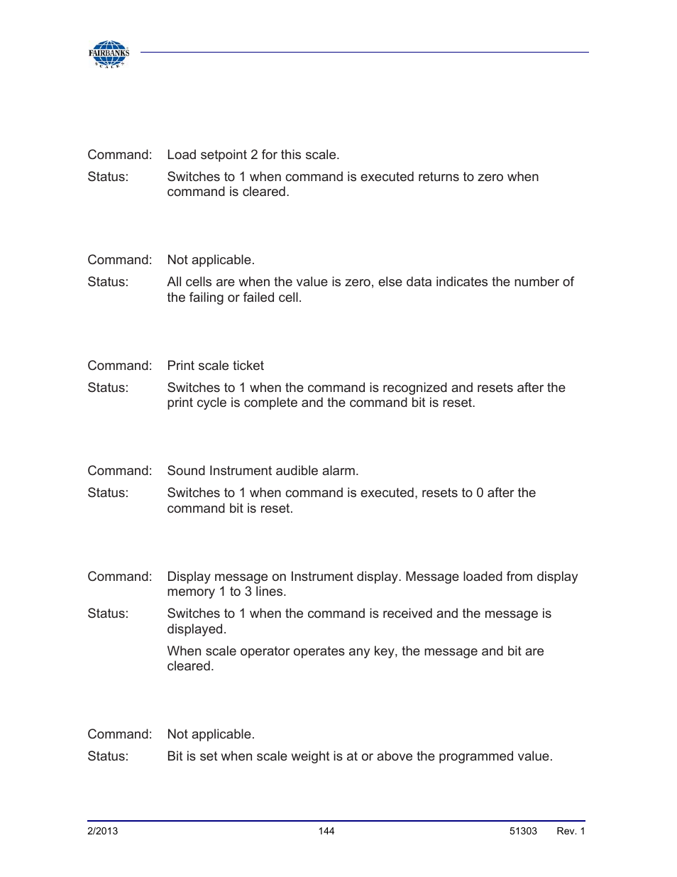 E. status/command word bit usage, continued | Fairbanks FB2550 DAT SERIES DRIVER ACCESS TERMINAL User Manual | Page 144 / 159