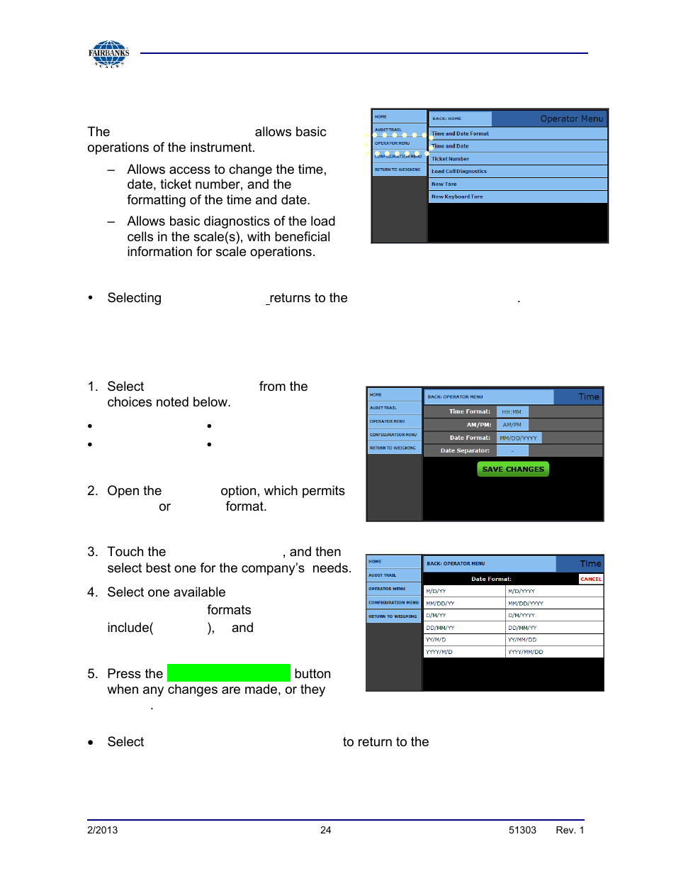 Operator menu, Time and date format | Fairbanks FB2550 DAT SERIES DRIVER ACCESS TERMINAL User Manual | Page 24 / 159