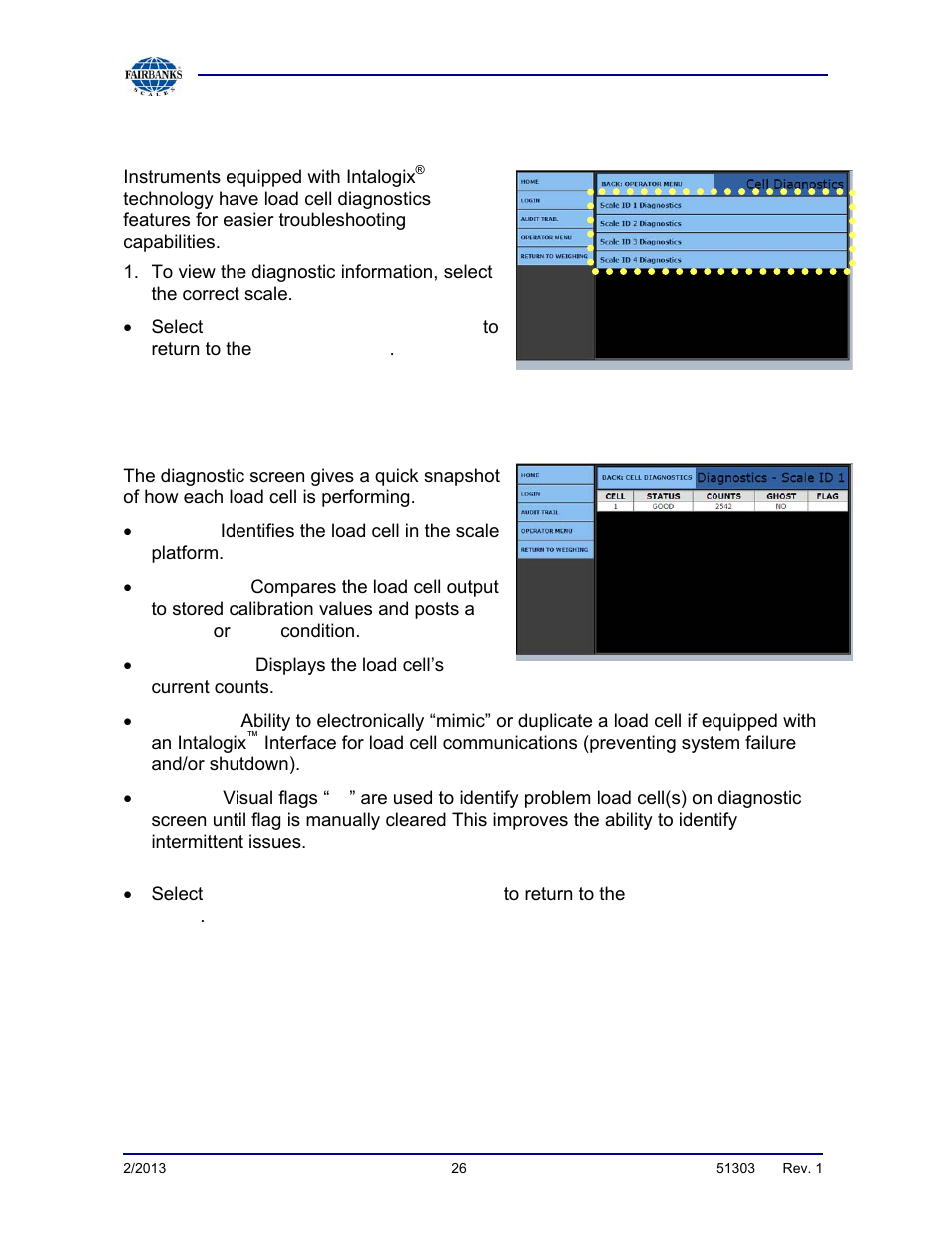 Load cell diagnostics | Fairbanks FB2550 DAT SERIES DRIVER ACCESS TERMINAL User Manual | Page 26 / 159