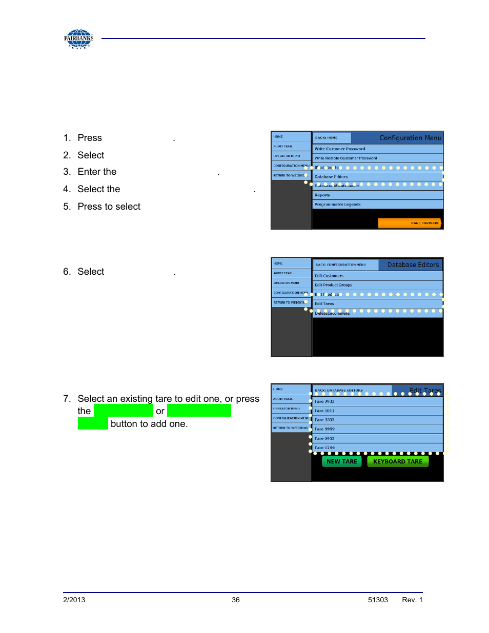 Creating and editing tares | Fairbanks FB2550 DAT SERIES DRIVER ACCESS TERMINAL User Manual | Page 36 / 159