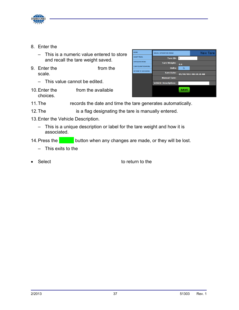 Creating and editing tares, continued | Fairbanks FB2550 DAT SERIES DRIVER ACCESS TERMINAL User Manual | Page 37 / 159