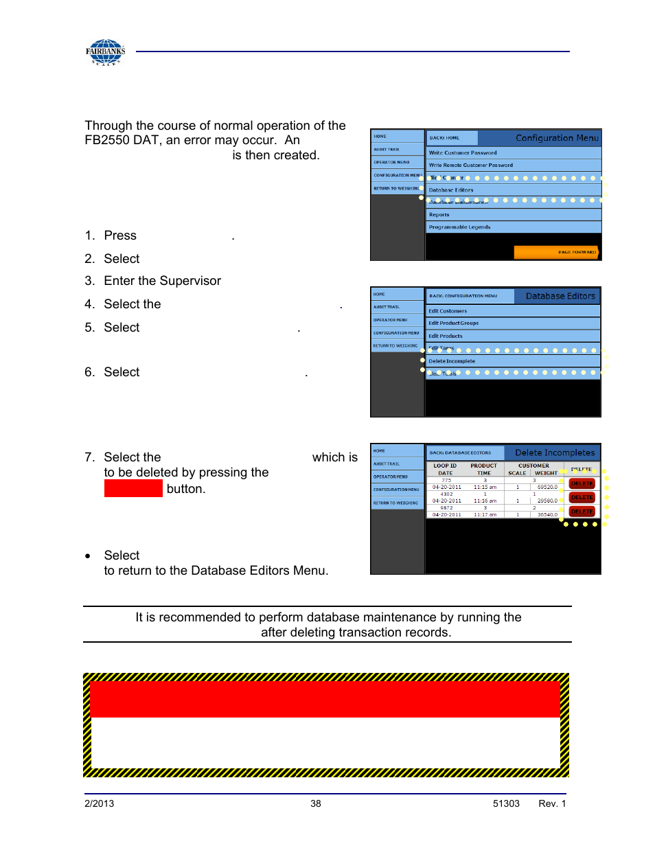Deleting incomplete transactions | Fairbanks FB2550 DAT SERIES DRIVER ACCESS TERMINAL User Manual | Page 38 / 159