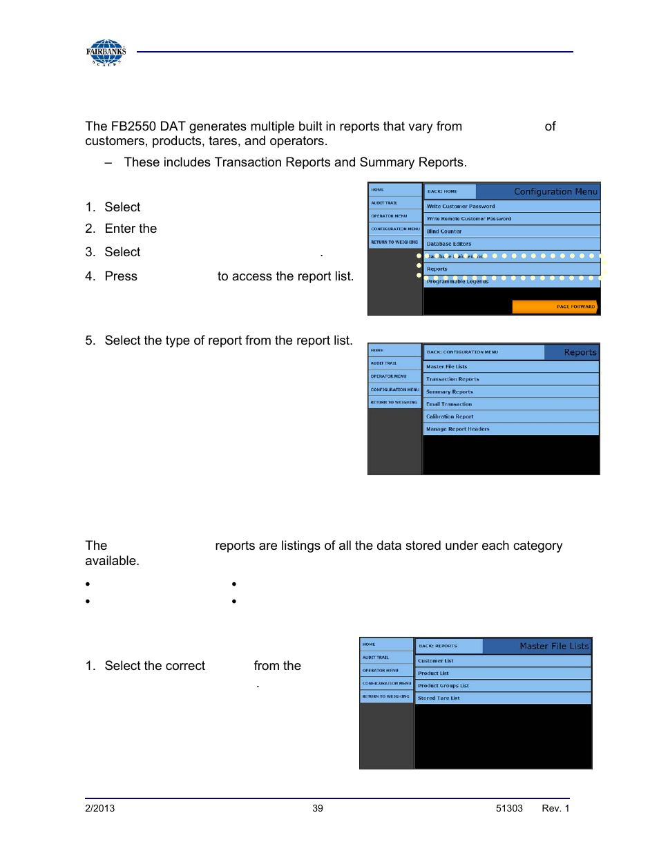 Reports, Master file reports | Fairbanks FB2550 DAT SERIES DRIVER ACCESS TERMINAL User Manual | Page 39 / 159