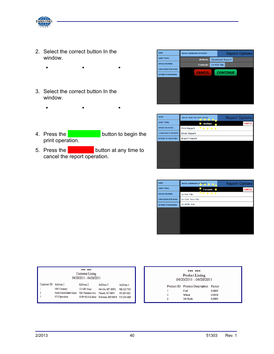 Master file reports, continued, Action, Format | Continue, Cancel | Fairbanks FB2550 DAT SERIES DRIVER ACCESS TERMINAL User Manual | Page 40 / 159