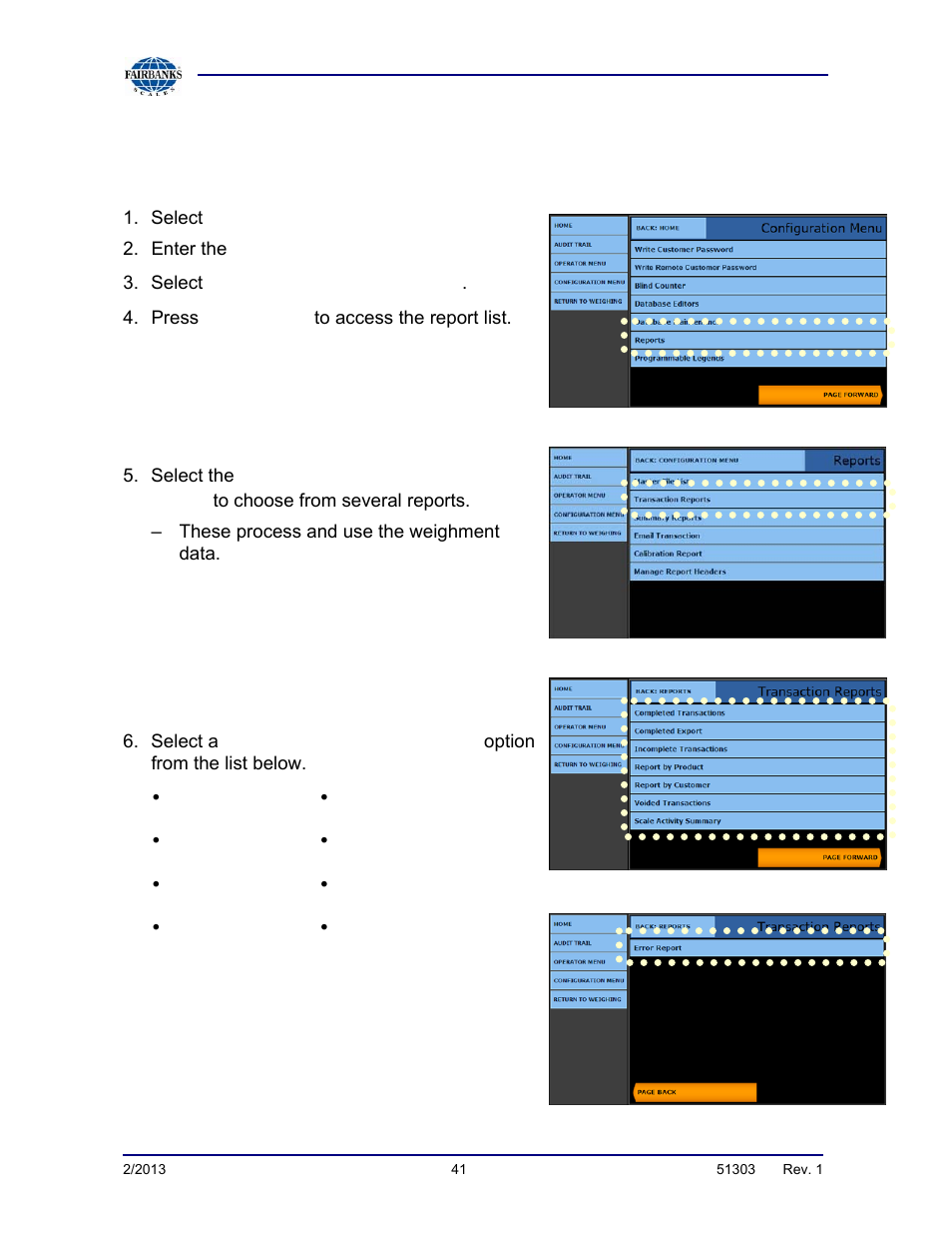 Transaction reports, Login, Configuration menu | Reports, Transaction reports menu, Transaction report | Fairbanks FB2550 DAT SERIES DRIVER ACCESS TERMINAL User Manual | Page 41 / 159