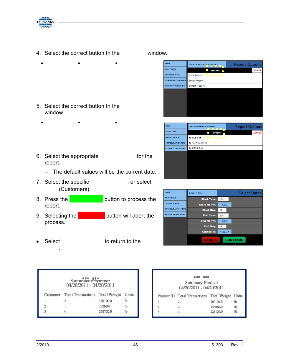 Summary reports, continued, Action, Format | Date range, Customer, Continue, Cancel, Back: home | Fairbanks FB2550 DAT SERIES DRIVER ACCESS TERMINAL User Manual | Page 46 / 159