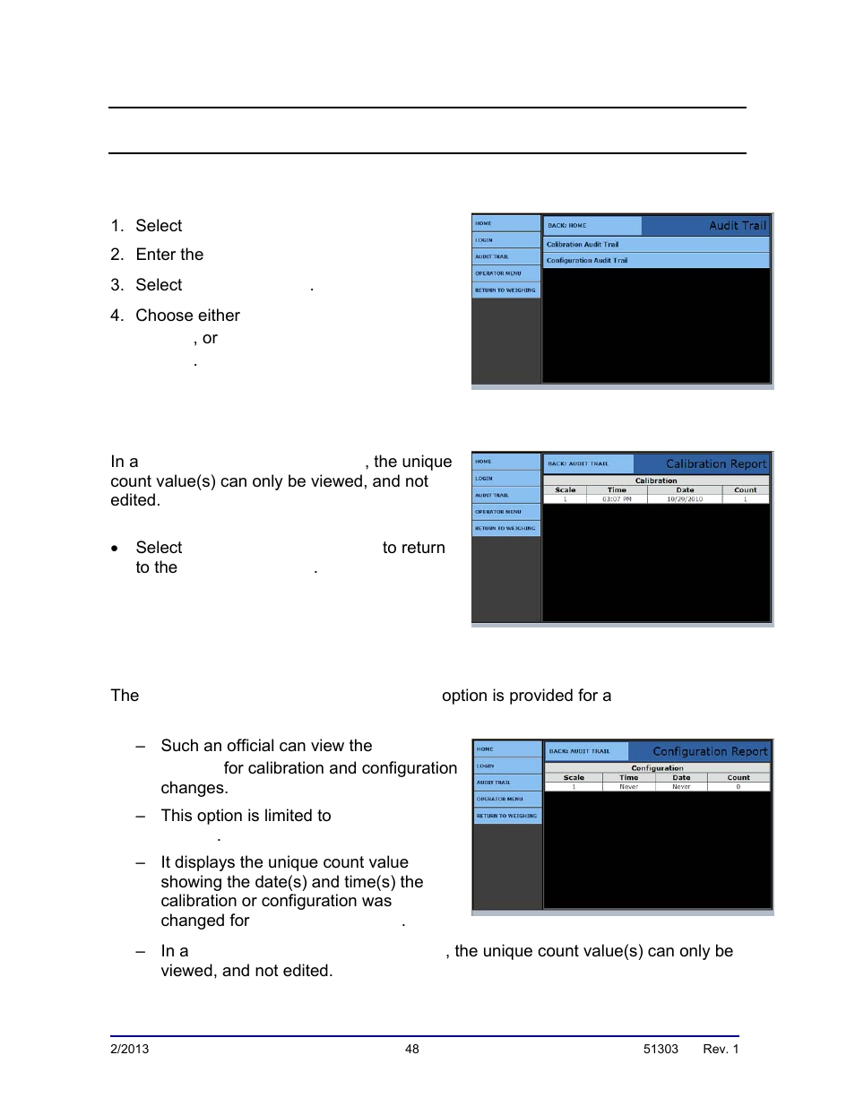 Getting started, Calibration audit trail, Configuration audit trail | Fairbanks FB2550 DAT SERIES DRIVER ACCESS TERMINAL User Manual | Page 48 / 159