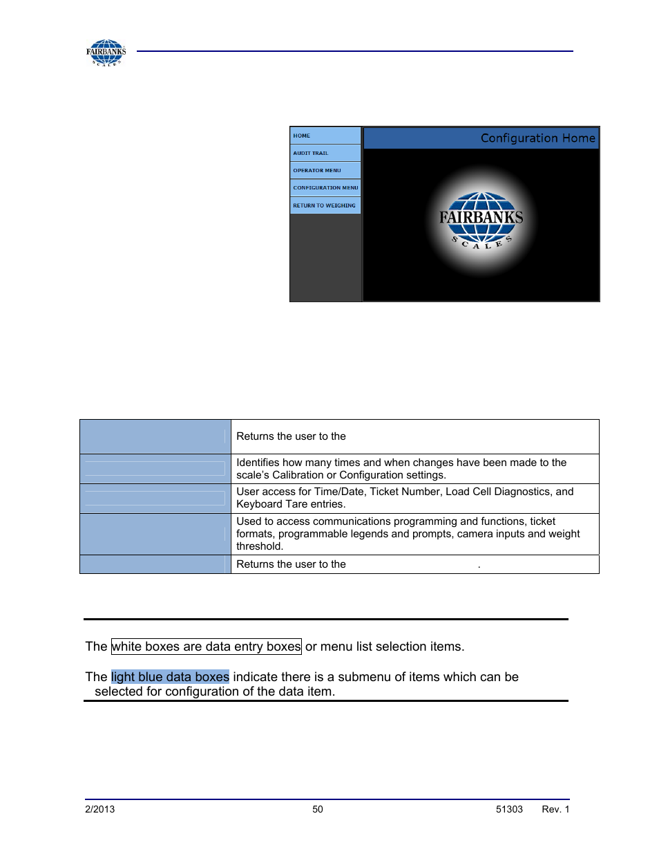 Configuration home page, Alt + home | Fairbanks FB2550 DAT SERIES DRIVER ACCESS TERMINAL User Manual | Page 50 / 159