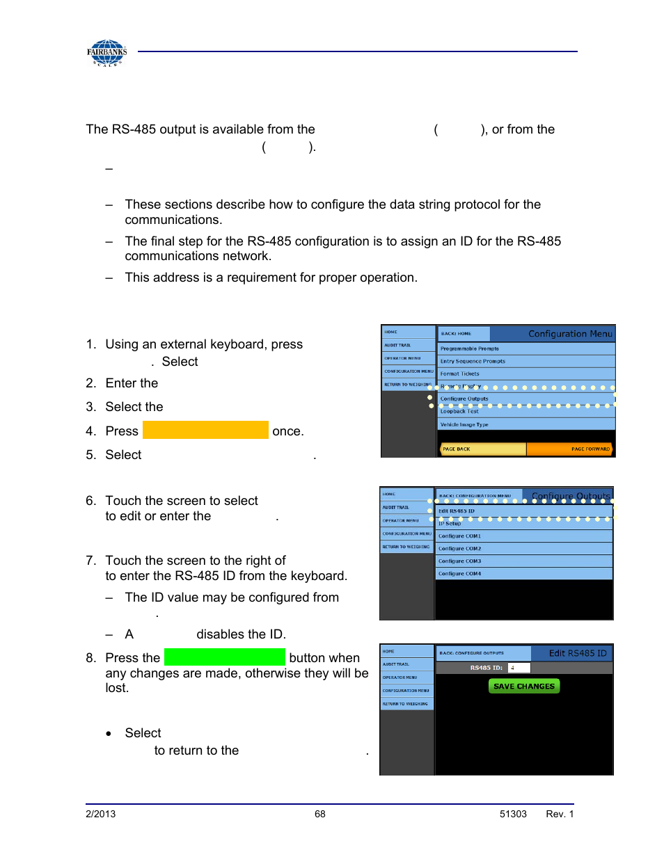 Rs-485 configuration | Fairbanks FB2550 DAT SERIES DRIVER ACCESS TERMINAL User Manual | Page 68 / 159