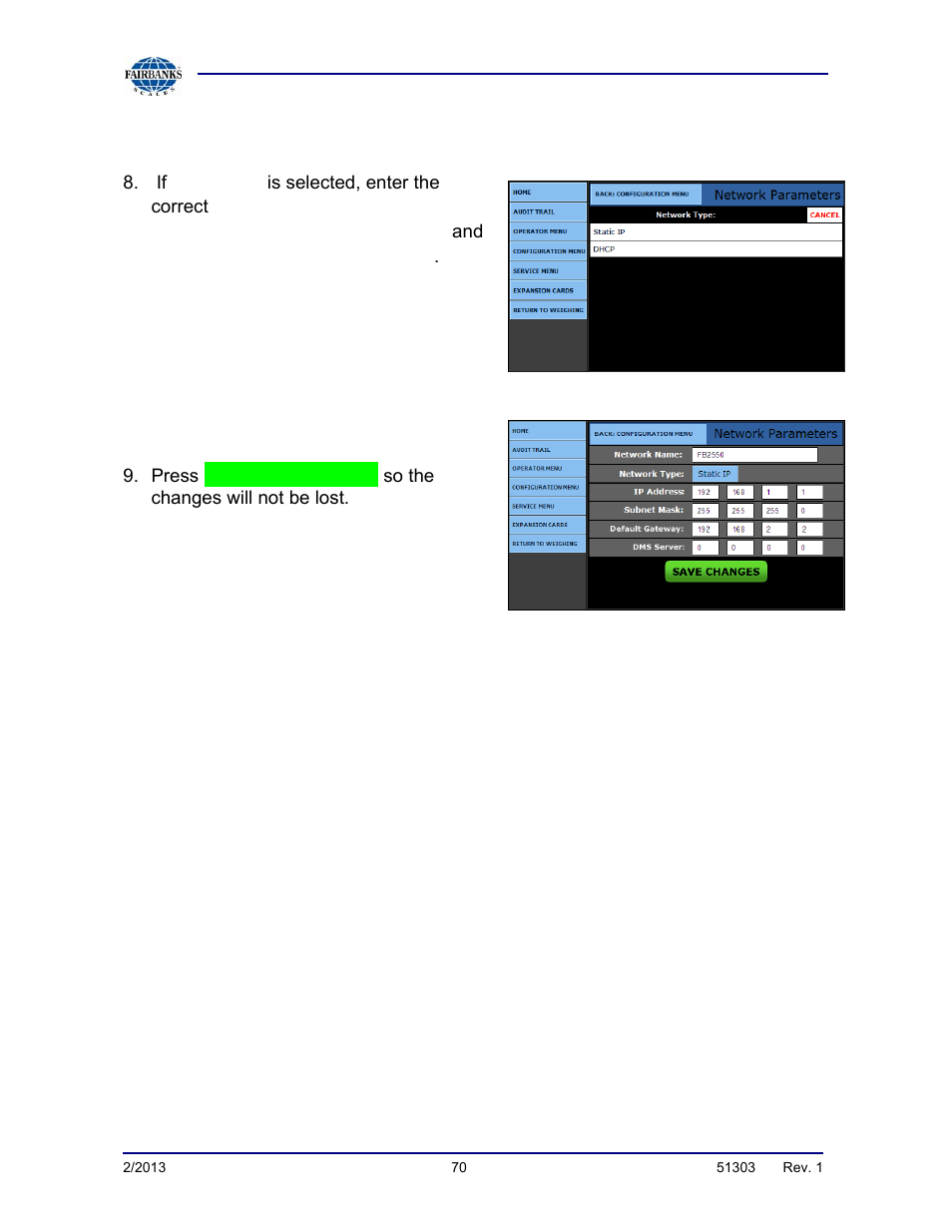 Network parameters configuration, continued | Fairbanks FB2550 DAT SERIES DRIVER ACCESS TERMINAL User Manual | Page 70 / 159