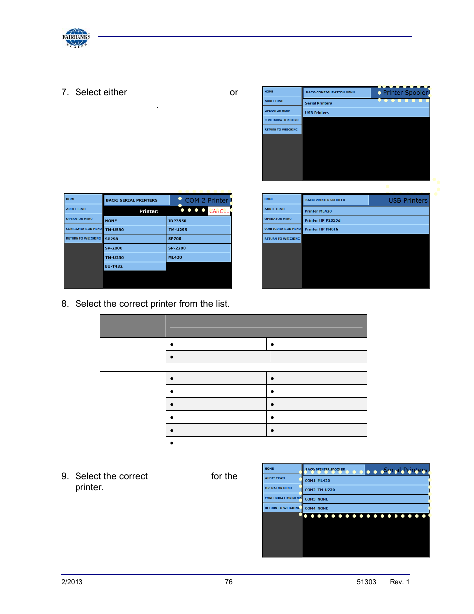 Programming the printer, continued, Serial printers, Usb printers | Com port | Fairbanks FB2550 DAT SERIES DRIVER ACCESS TERMINAL User Manual | Page 76 / 159