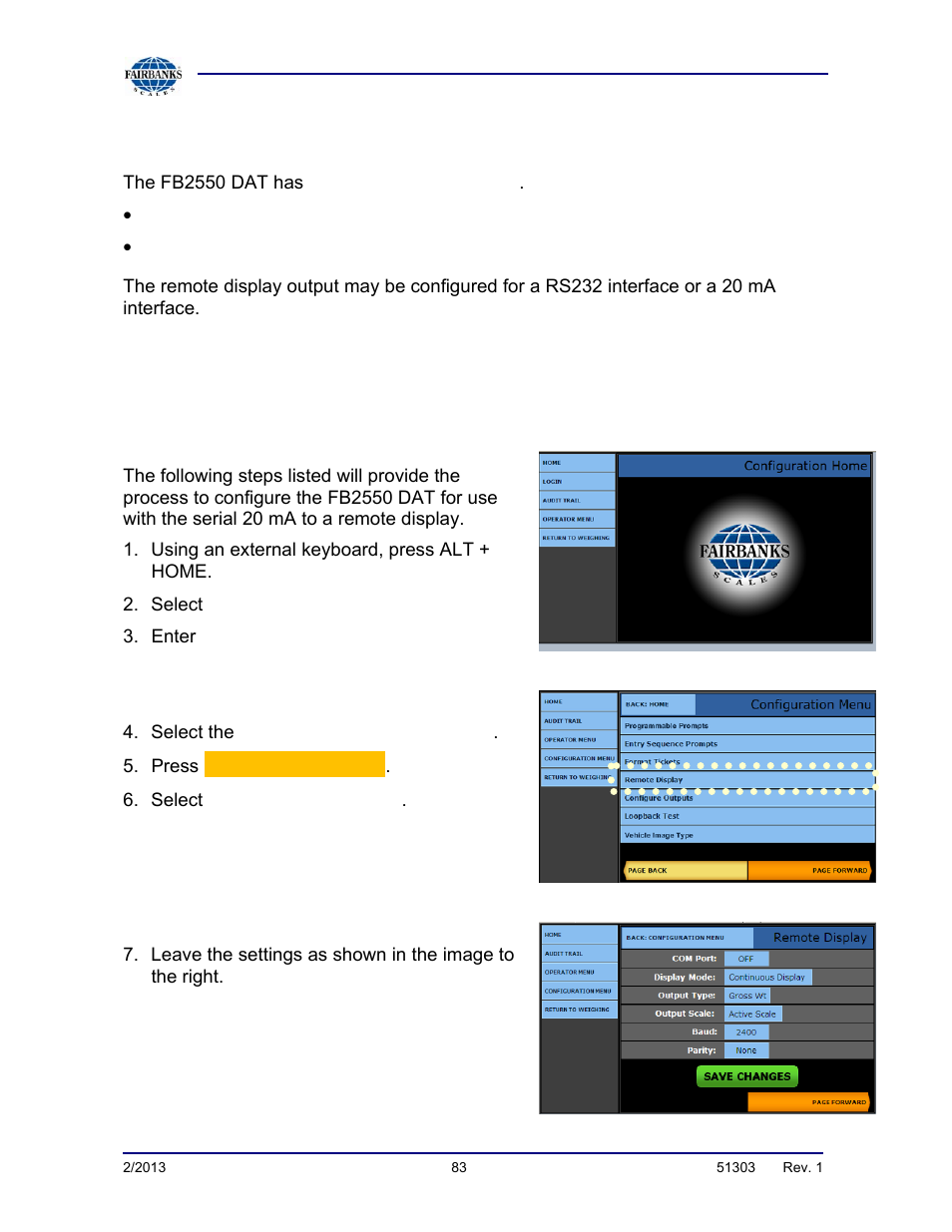 Remote display setup and configuration, Serial 20ma configuration (multi- function board) | Fairbanks FB2550 DAT SERIES DRIVER ACCESS TERMINAL User Manual | Page 83 / 159
