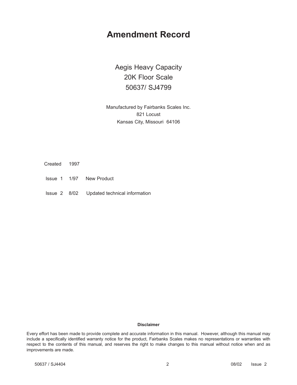 Amendment record | Fairbanks Aegis Heavy Capacity PLF-6200-HQ Series User Manual | Page 2 / 18