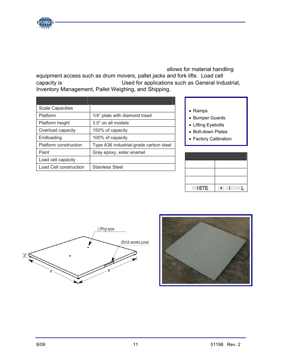 Reliant floor scale, Description, features and applications, Three inches (3”) height and 4’ x 4’ design | Fairbanks BlueLineFS Scale System User Manual | Page 11 / 24