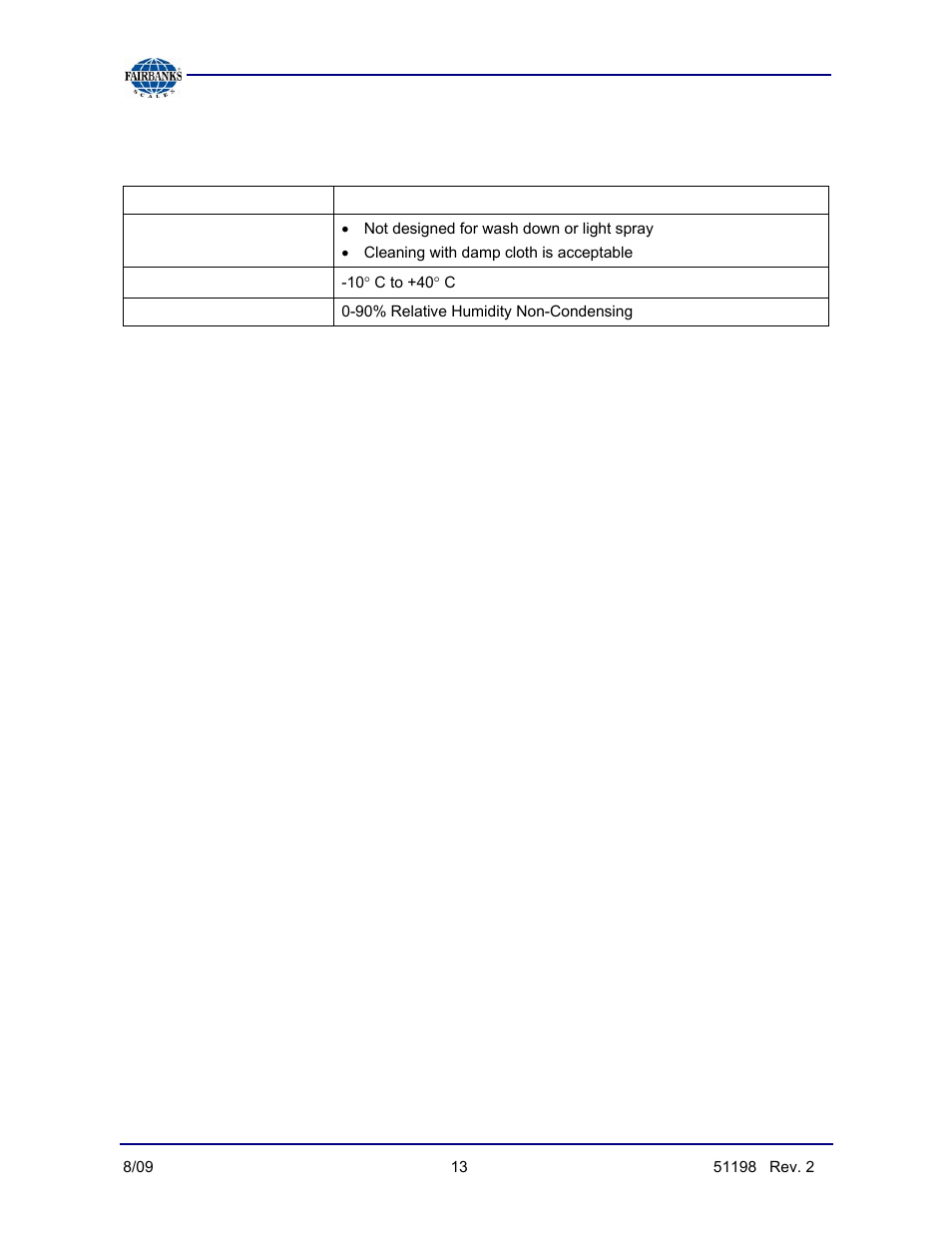 Environmental characteristics for the system | Fairbanks BlueLineFS Scale System User Manual | Page 13 / 24