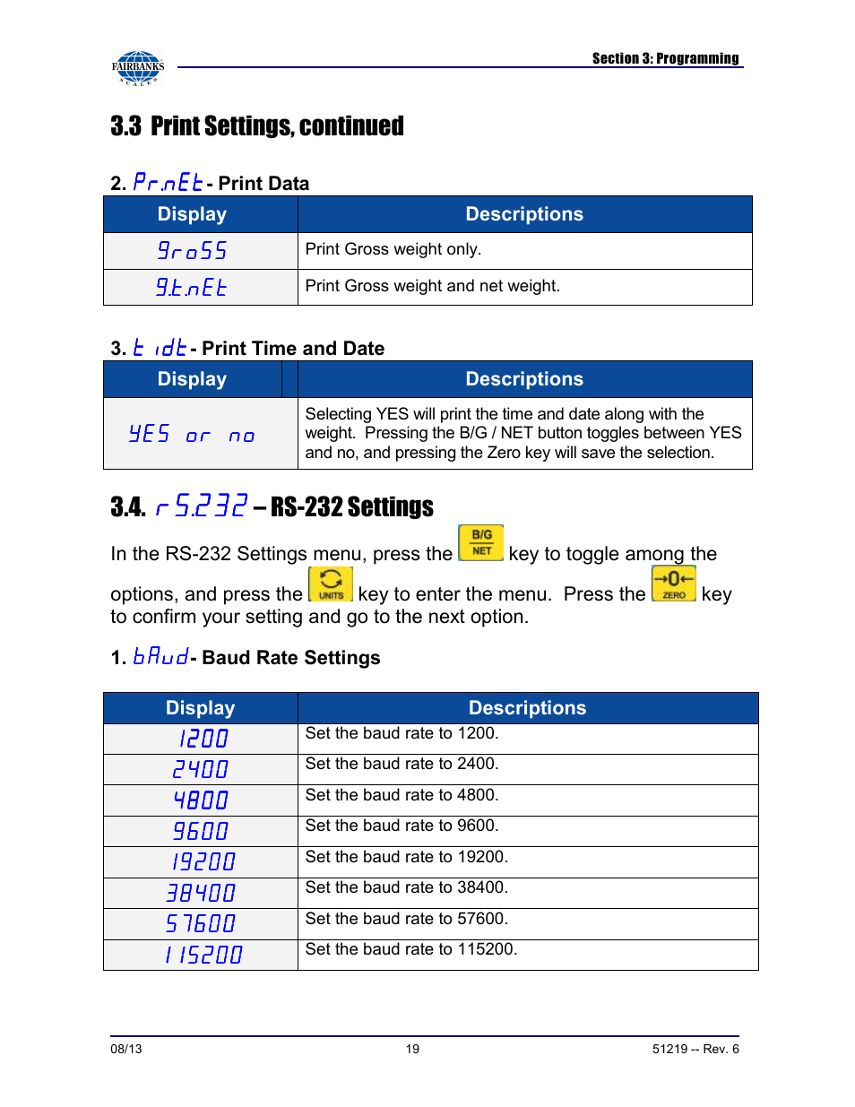 3 print settings, continued, – rs-232 settings | Fairbanks FB1100 Series Yellow Jacket FS Package (30047, 30048) User Manual | Page 19 / 70