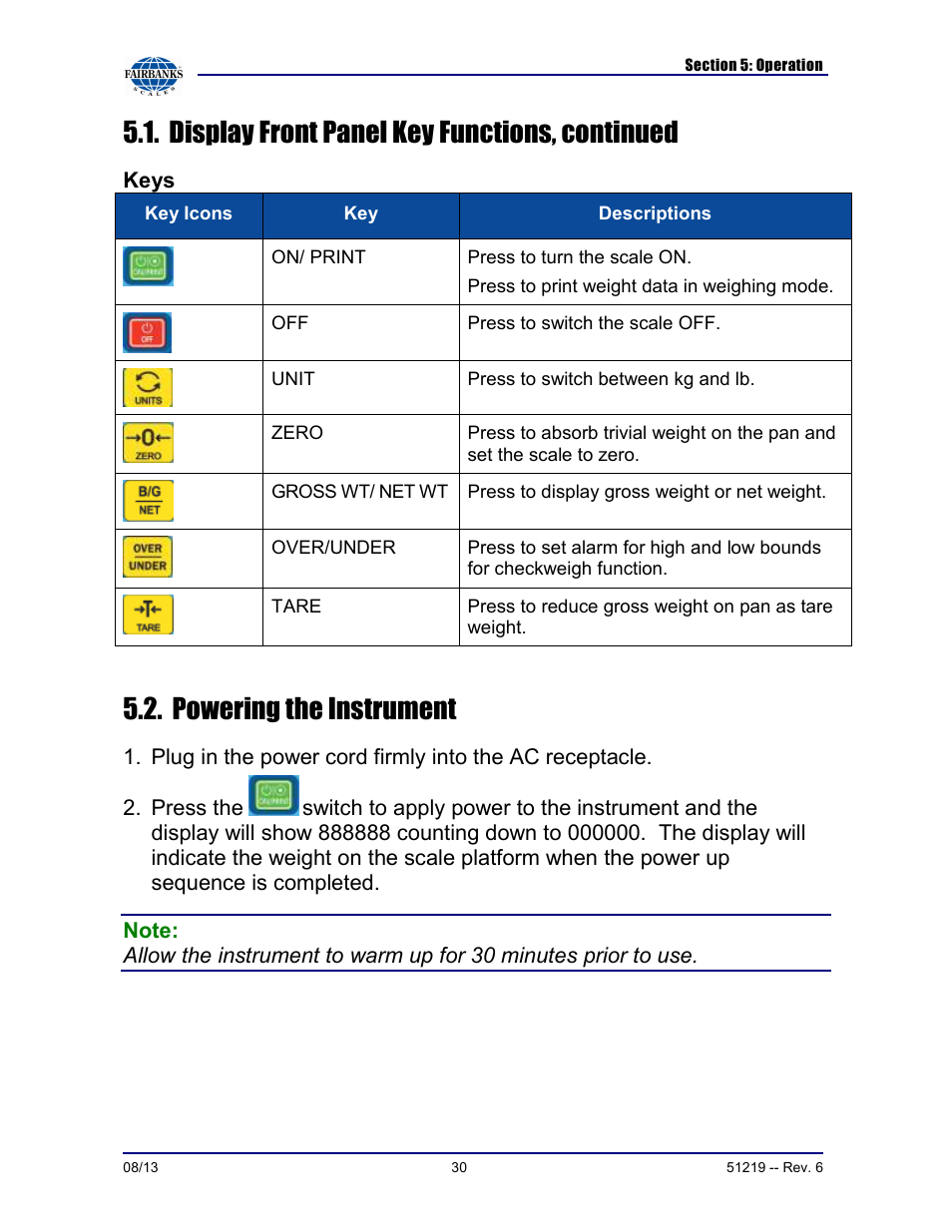 Display front panel key functions, continued, Powering the instrument | Fairbanks FB1100 Series Yellow Jacket FS Package (30047, 30048) User Manual | Page 30 / 70